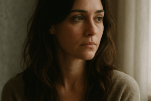 Thoughtful woman looking out a softly lit window, symbolizing introspection and emotional healing during trauma therapy in Reno.