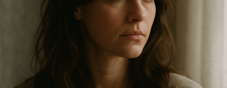 Thoughtful woman looking out a softly lit window, symbolizing introspection and emotional healing during trauma therapy in Reno.