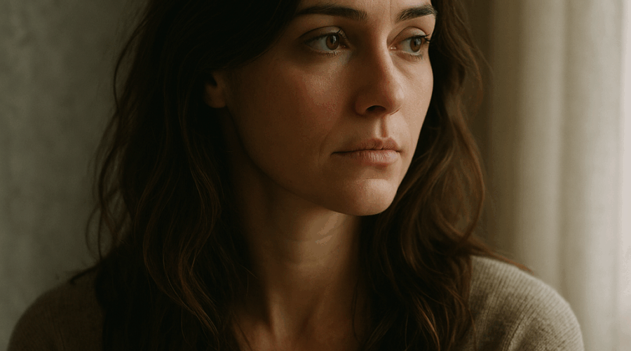 Thoughtful woman looking out a softly lit window, symbolizing introspection and emotional healing during trauma therapy in Reno.