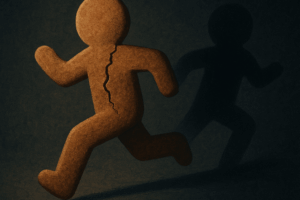 Gingerbread man crumbling while running, symbolizing emotional overwhelm and trauma therapy healing in Reno.