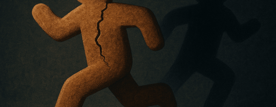 Gingerbread man crumbling while running, symbolizing emotional overwhelm and trauma therapy healing in Reno.