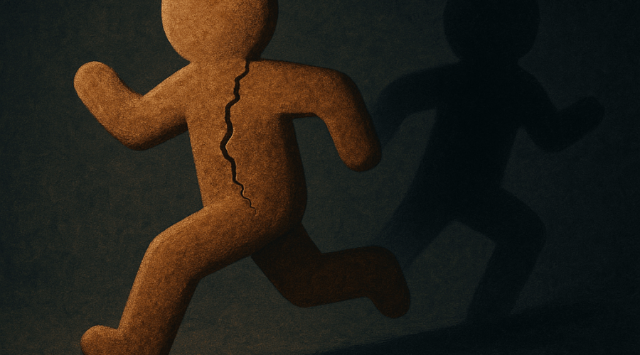 Gingerbread man crumbling while running, symbolizing emotional overwhelm and trauma therapy healing in Reno.
