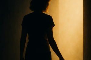 Silhouette of a woman gently stepping from darkness into warm light, symbolizing the shift from self-protection to authentic living and emotional healing.