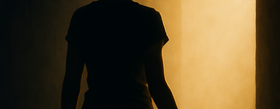 Silhouette of a woman gently stepping from darkness into warm light, symbolizing the shift from self-protection to authentic living and emotional healing.