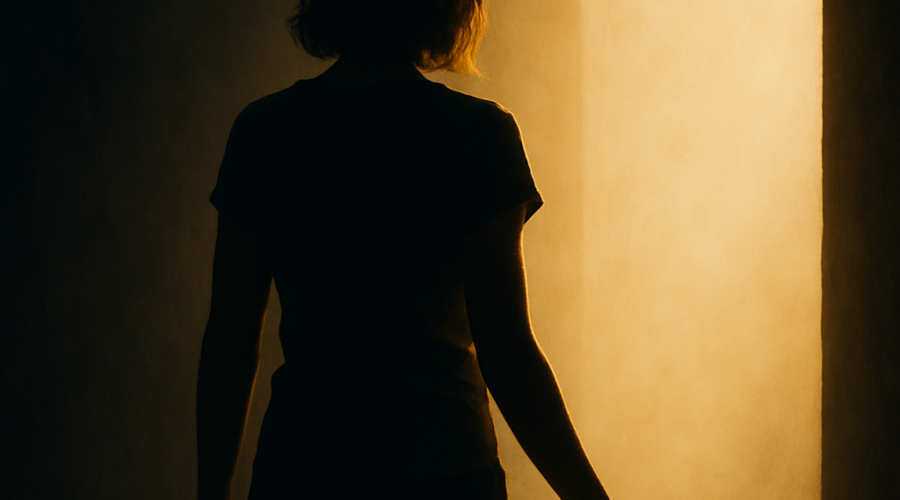 Silhouette of a woman gently stepping from darkness into warm light, symbolizing the shift from self-protection to authentic living and emotional healing.