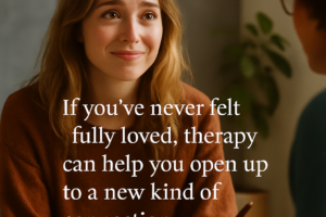 A woman sitting in soft morning light with a hopeful expression, symbolizing emotional healing, self-worth, and learning what real love feels like through therapy in Reno.